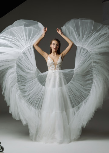 Платье Фелиция, 2019, одежда, платье, свадебное, молочно-белый, кружево, А-силуэт, сетка, архив