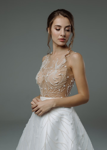 Платье Эвон, 2019, одежда, платье, свадебное, молочно-белый, атлас, вышивка, А-силуэт, архив