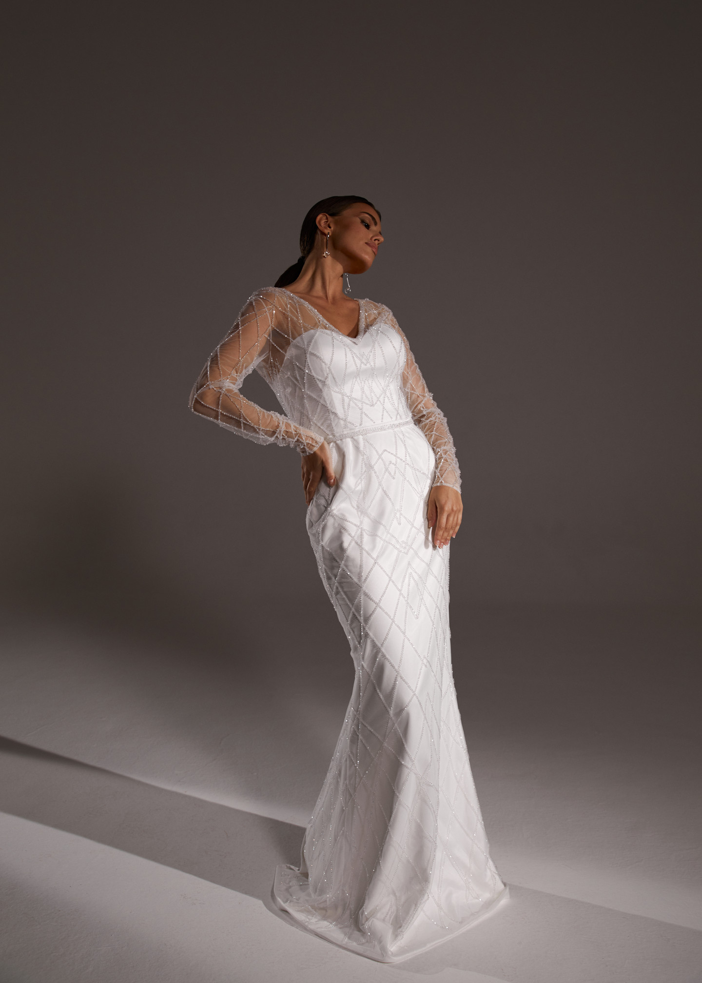 Celeste gown, 2019, couture, dress, bridal, off-white, embroidery, sleeves, sheath silhouette, popular