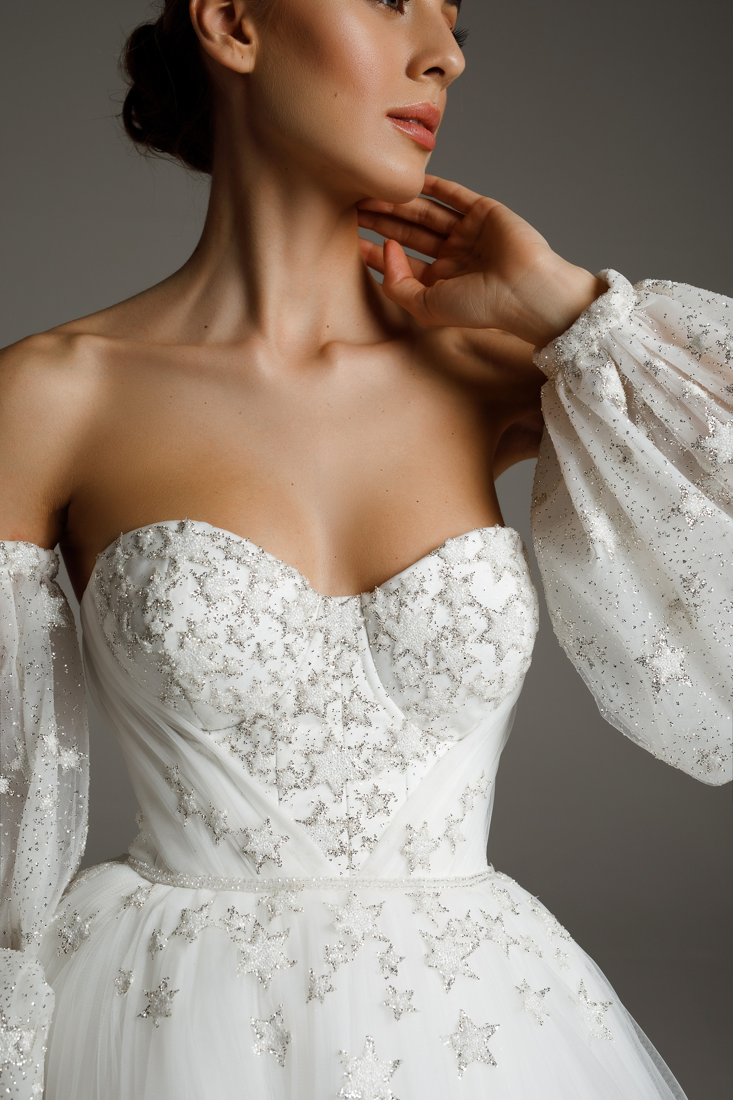 Платье Инес, 2020, одежда, платье, свадебное, молочно-белый, сетка, рукава, А-силуэт, шнуровка, архив
