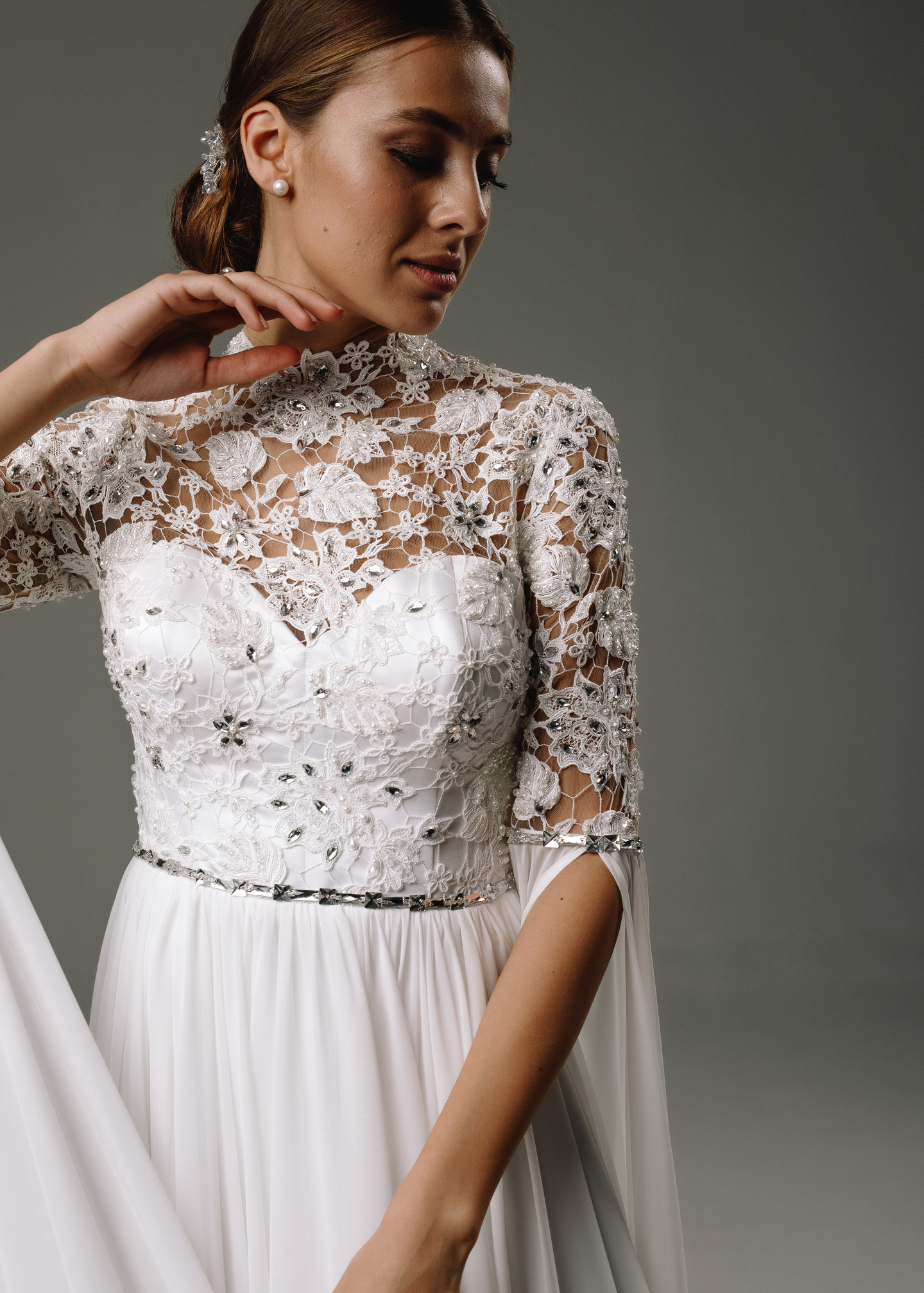 Augustine gown, 2020, couture, dress, bridal, off-white, lace, embroidery, sleeves, A-line, archive