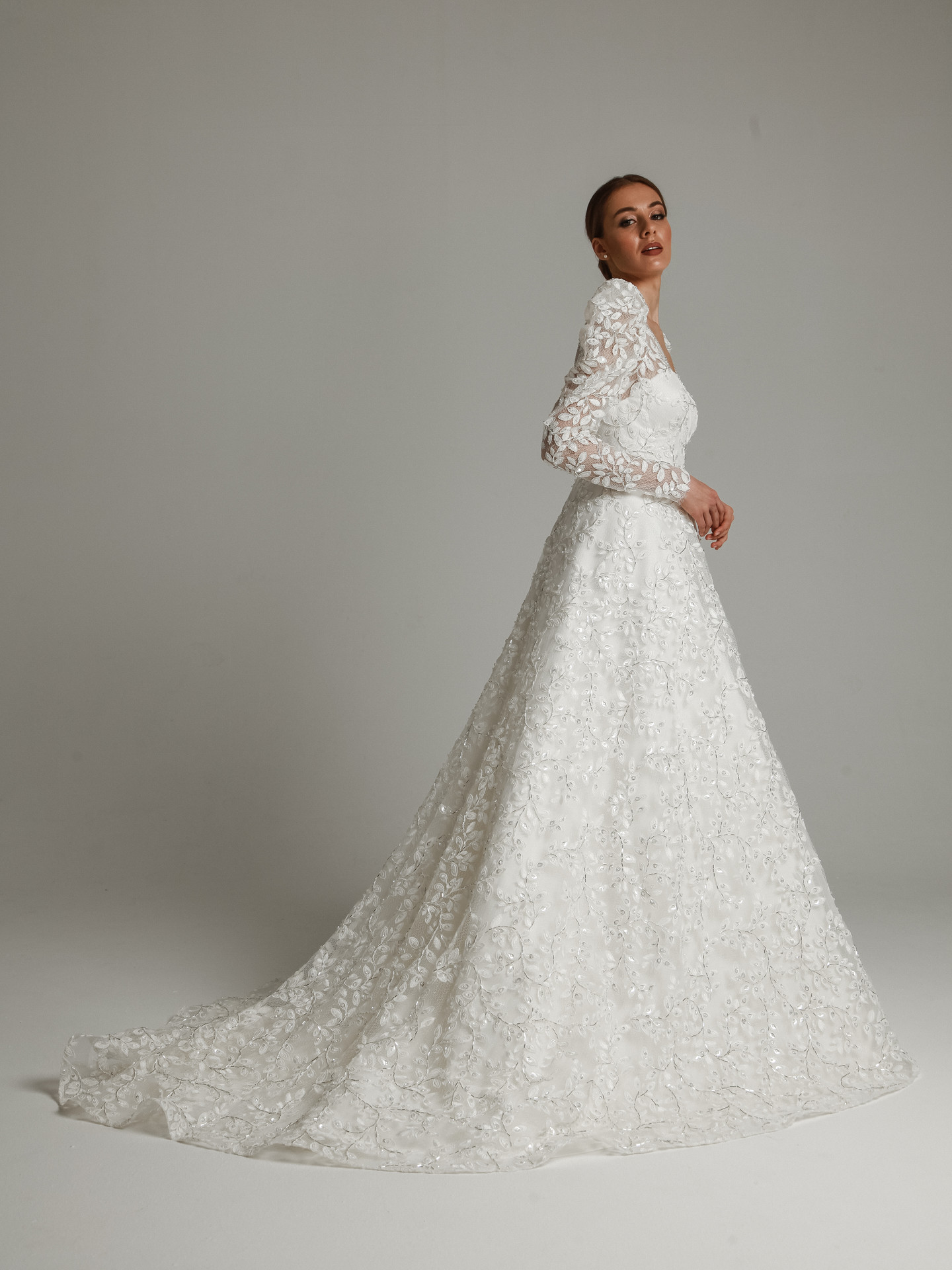 Monclair gown, 2021, couture, dress, bridal, off-white, lace, A-line, embroidery, train, sleeves