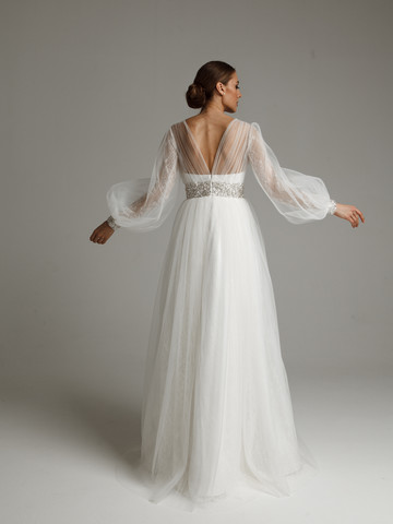 Платье Лорет, 2021, одежда, платье, свадебное, молочно-белый, кружево, А-силуэт, вышивка, рукава, архив