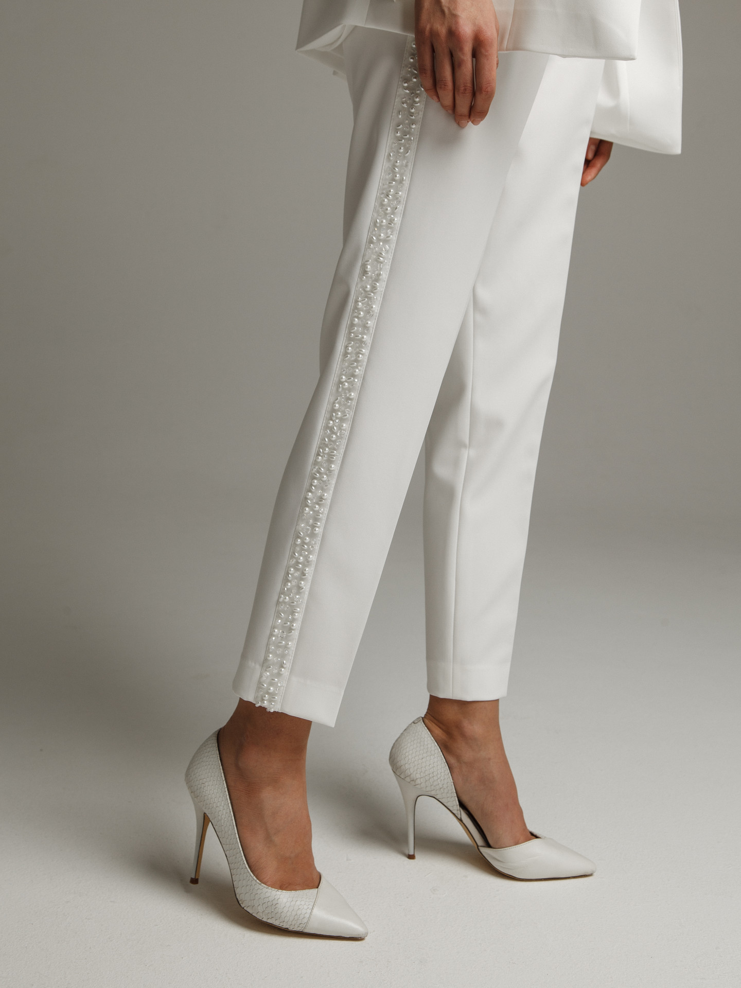 Beaded trousers, 2021, couture, trousers, bridal, off-white, beaded bridal suit, embroidery, popular
