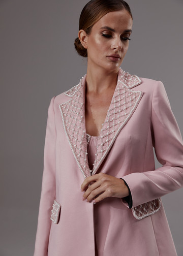 Beaded powder jacket, 2023, couture, jacket, evening, powder color, beaded powder suit, embroidery, sleeves