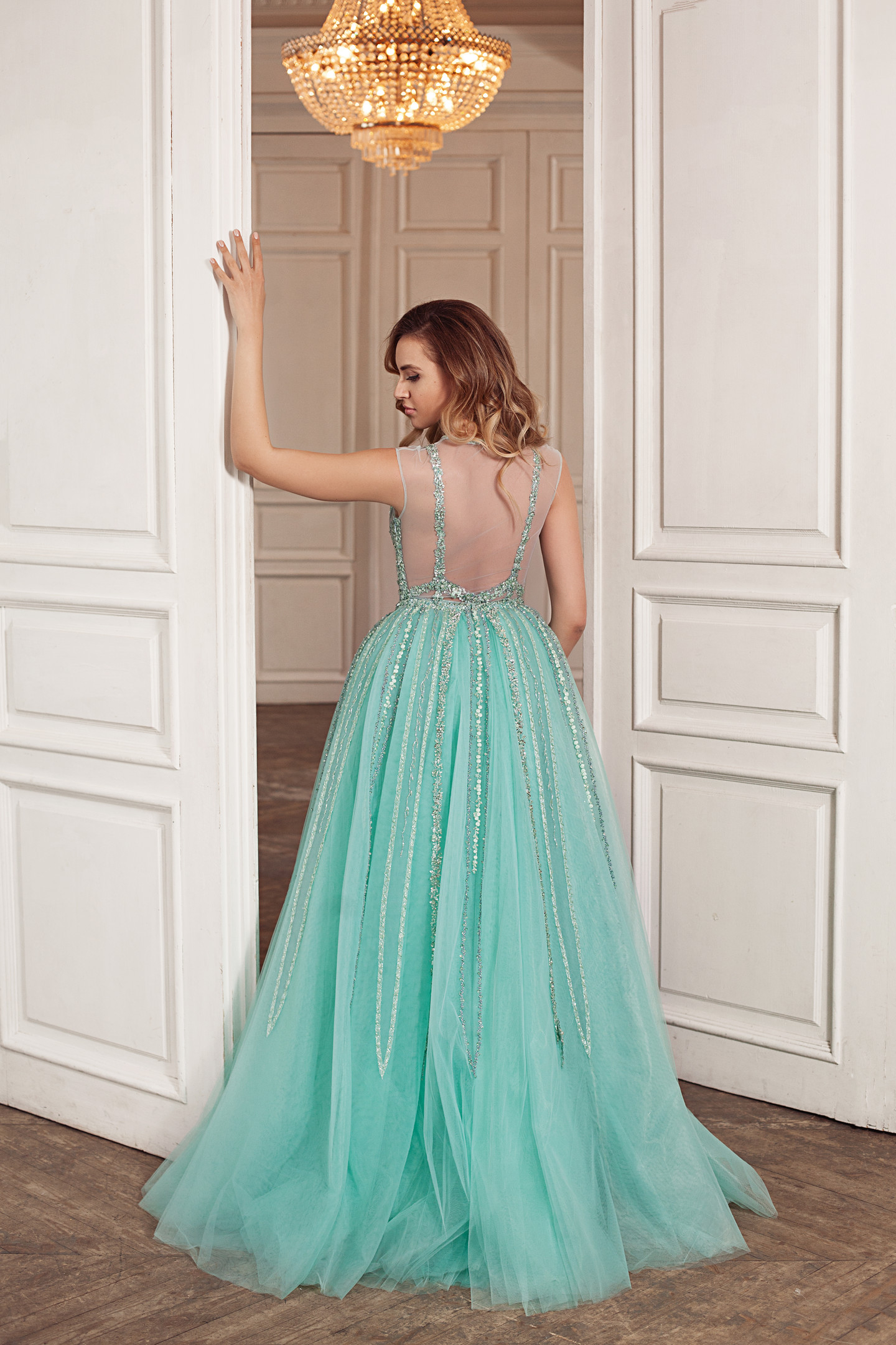 Yulali gown, 2018, couture, dress, evening, green, lace, detachable skirt, sheath silhouette, tulle, archive
