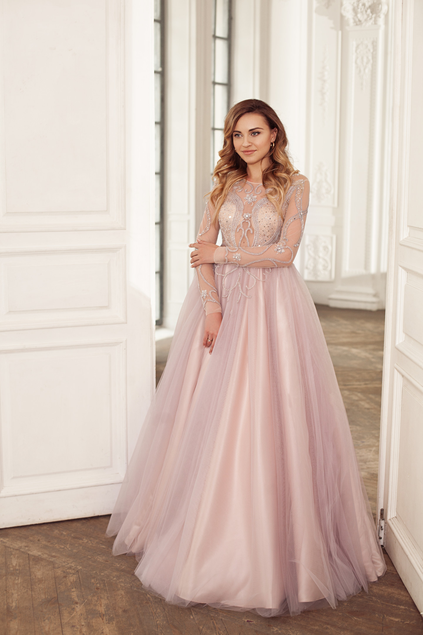 Melanie gown, 2018, couture, dress, evening, pink, tulle, embroidery, A-line, bridal, sleeves, archive