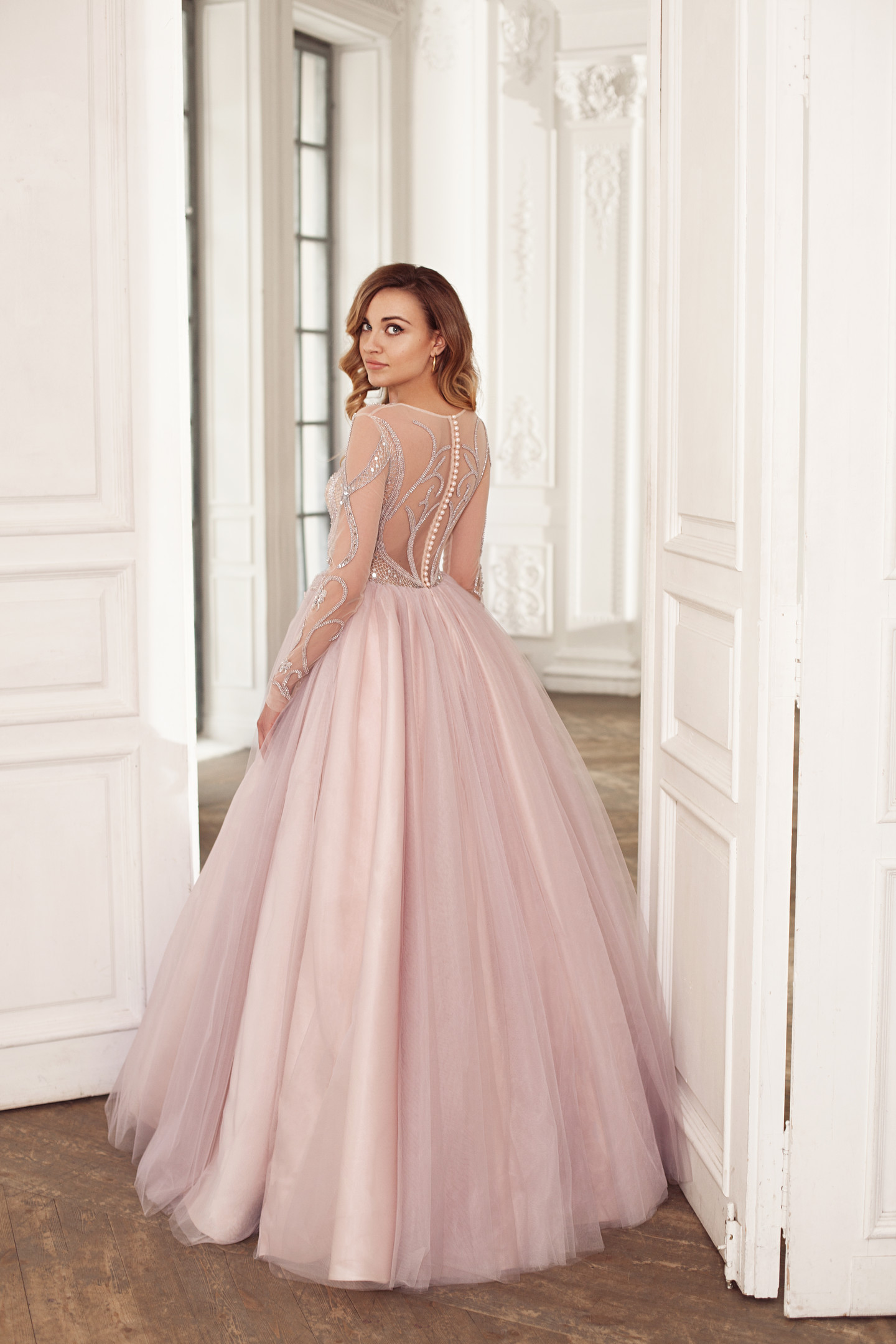Melanie gown, 2018, couture, dress, evening, pink, tulle, embroidery, A-line, bridal, sleeves, archive