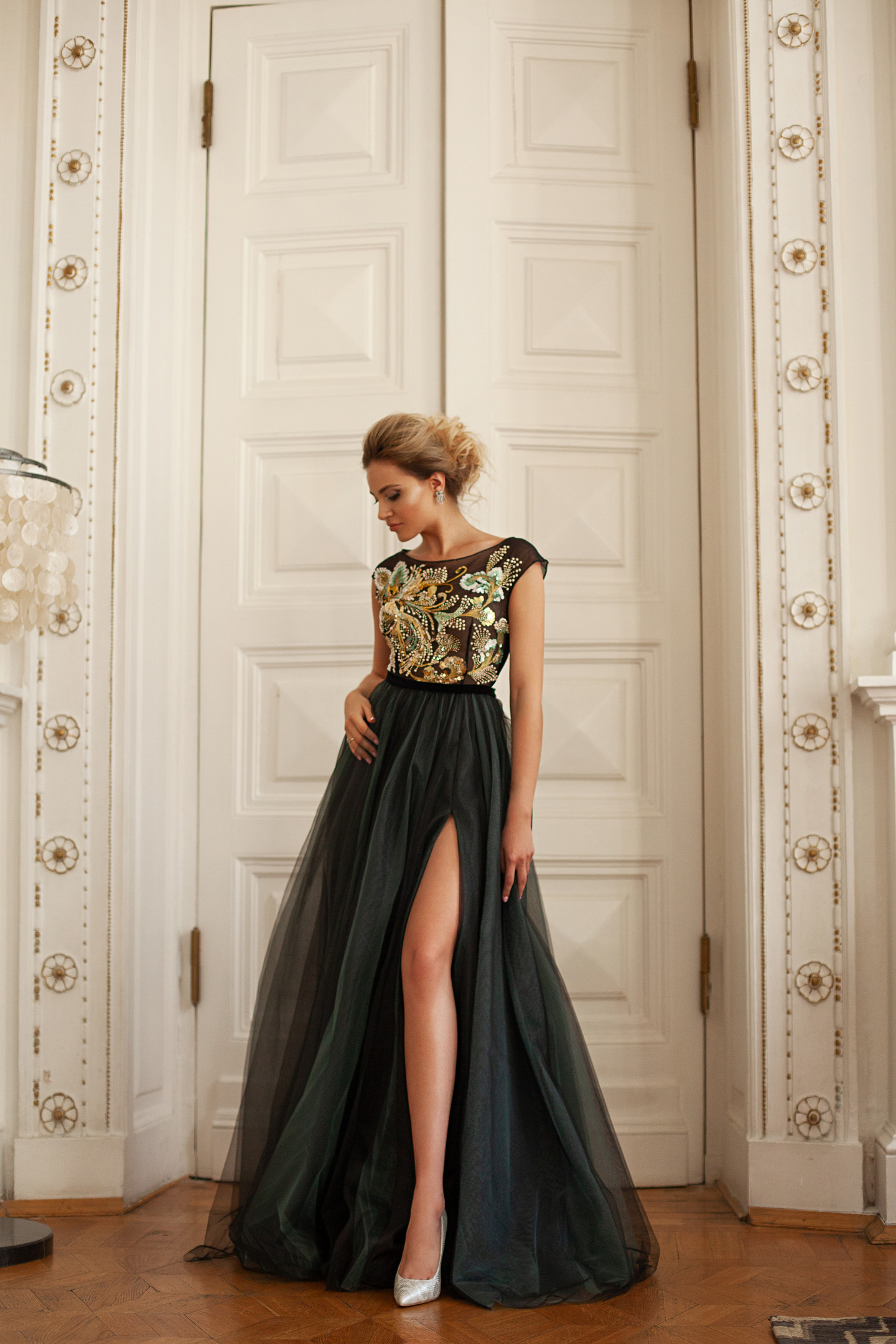Phoenix gown, 2018, couture, dress, evening, black, tulle, gold color, embroidery, A-line, archive