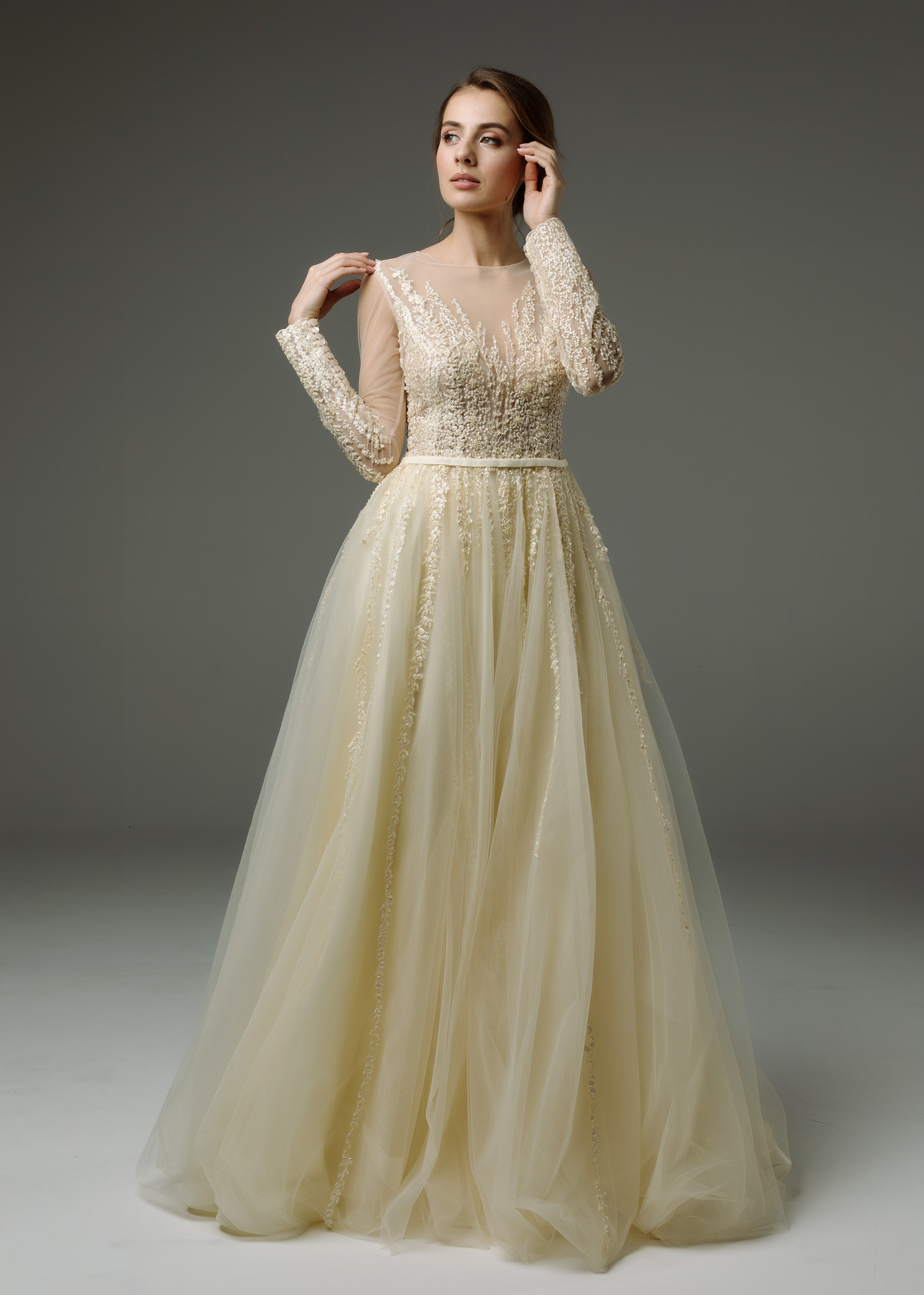 Matilda gown, 2018, couture, dress, evening, vanilla, lace, A-line, bridal, sleeves, tulle, archive