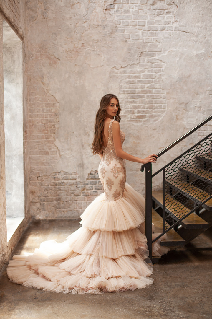 Helen gown, 2018, couture, dress, evening, vanilla, lace, train, mermaid, bridal, tulle, archive
