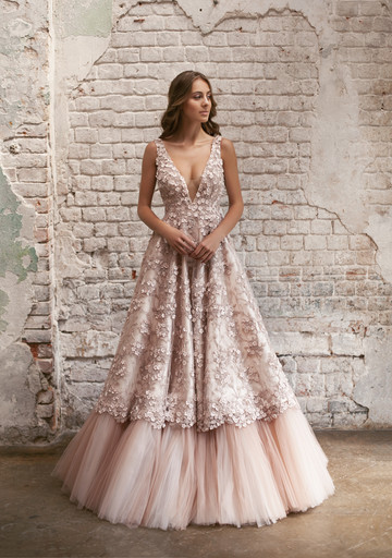 Flavia gown, 2018, couture, dress, bridal, powder color, lace, A-line, tulle, discount, sale