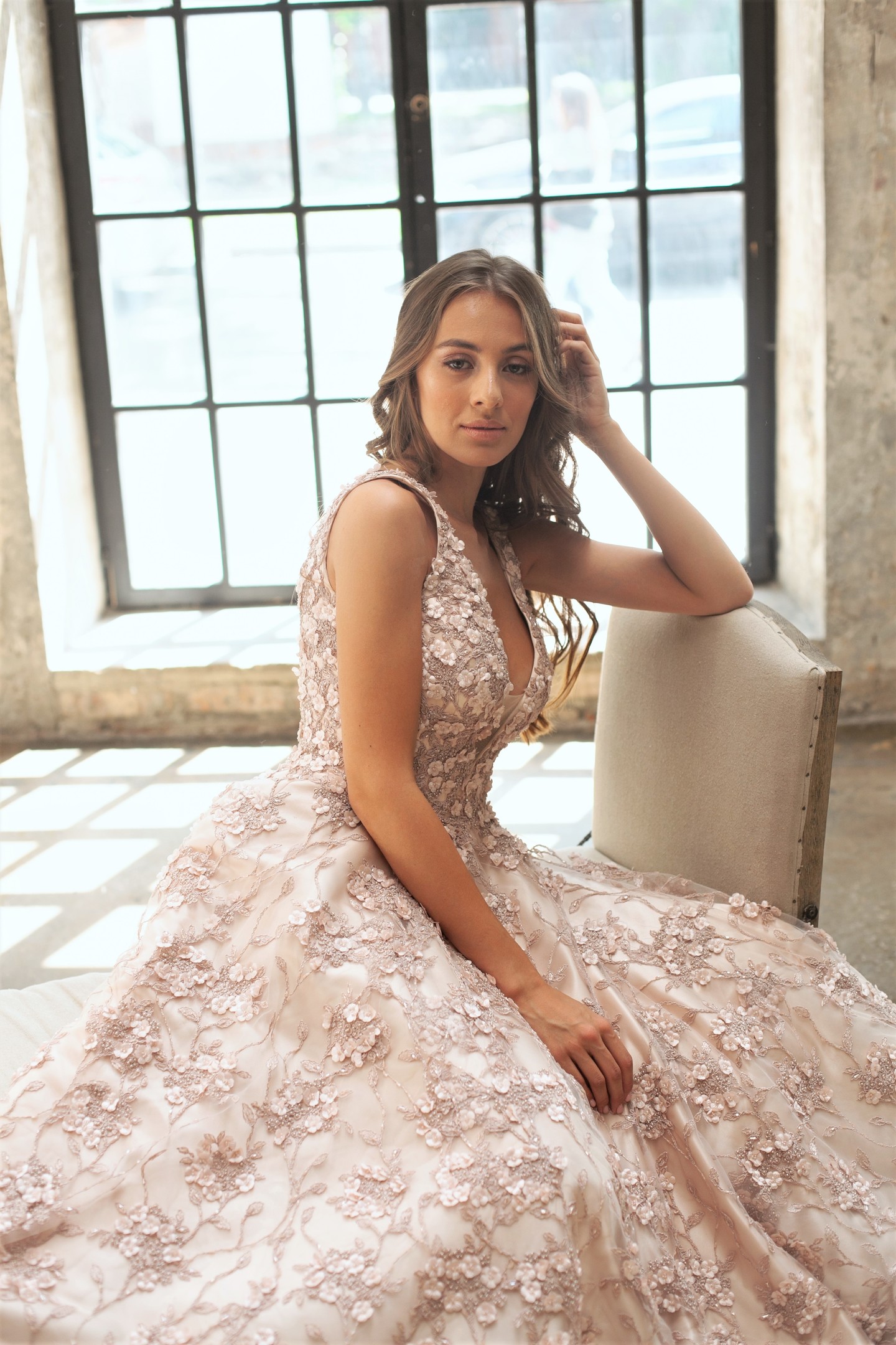 Flavia gown, 2018, couture, dress, bridal, powder color, lace, A-line, tulle, discount, sale
