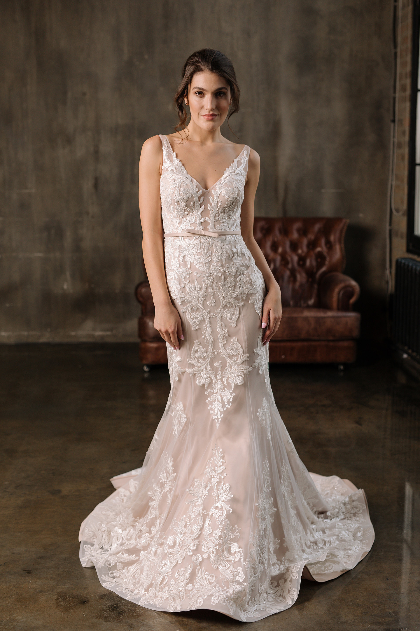 Charlotte gown, 2019, couture, dress, bridal, powder color, lace, mermaid, archive