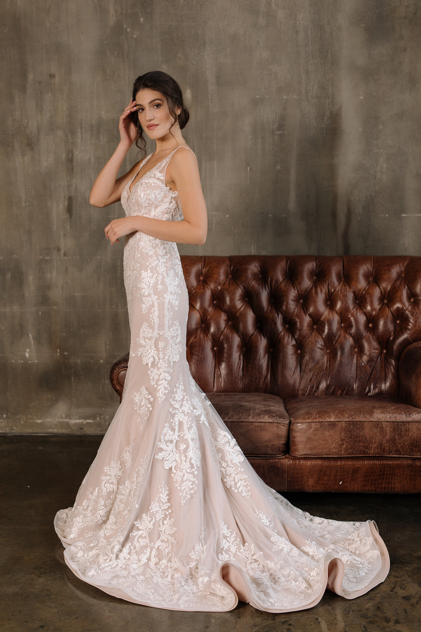 Charlotte gown, 2019, couture, dress, bridal, powder color, lace, mermaid, archive