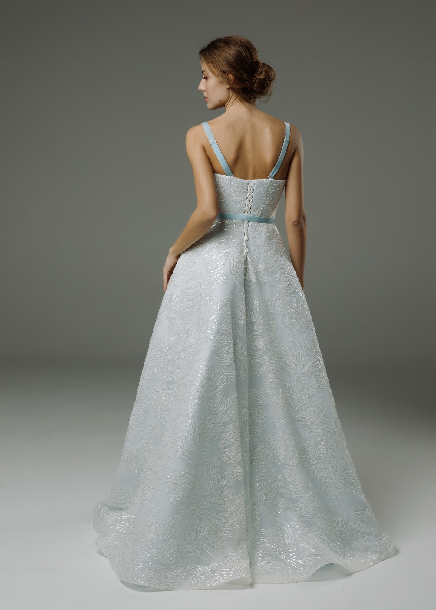 Virginia gown, 2019, couture, dress, bridal, light blue, lace, A-line, lacing corset, archive