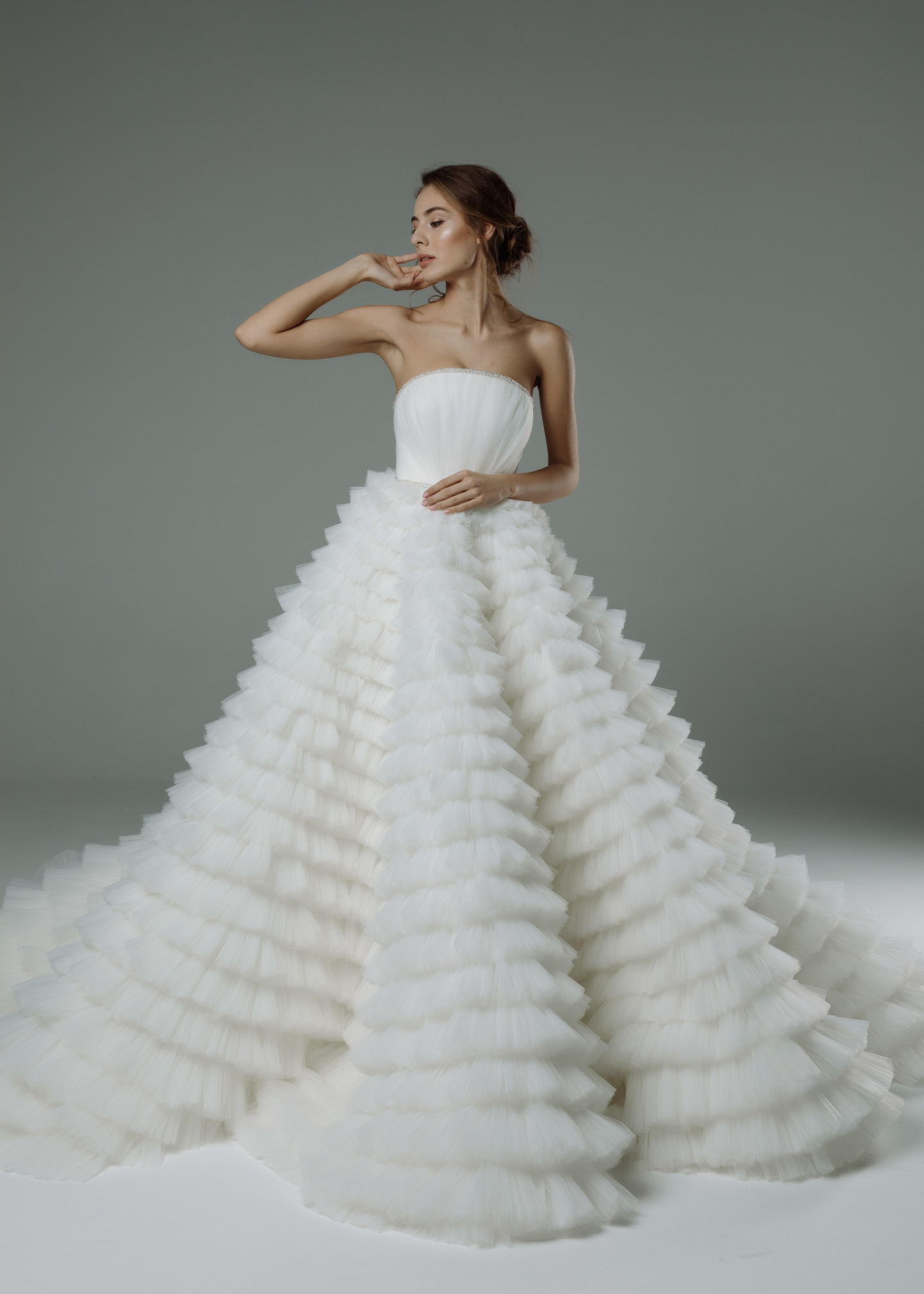 Isidora gown, 2019, couture, dress, bridal, off-white, tulle, embroidery, train, lacing corset, full silhouette, popular, archive