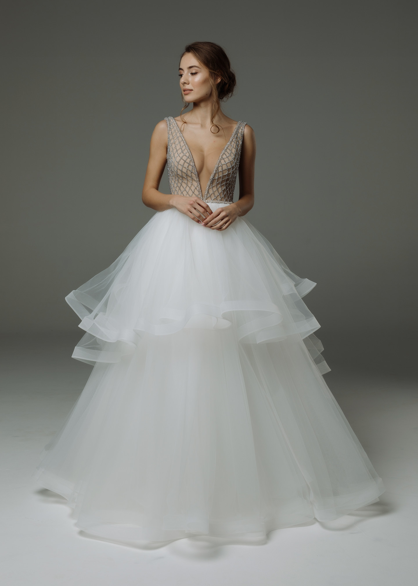 Marian gown, 2019, couture, dress, bridal, off-white, tulle, embroidery, train, A-line