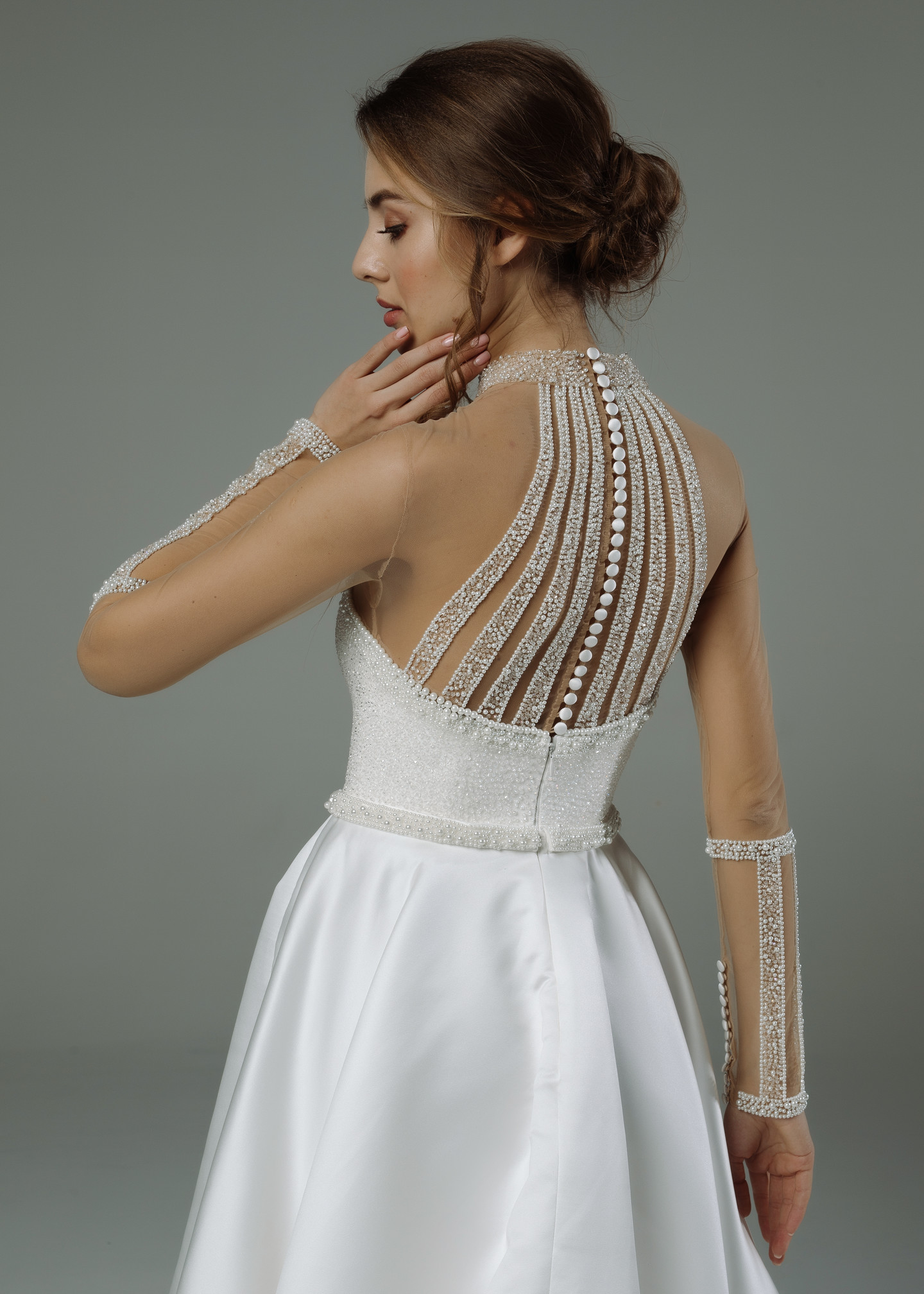 Magali gown, 2019, couture, dress, bridal, off-white, satin, embroidery, train, sleeves, A-line, archive
