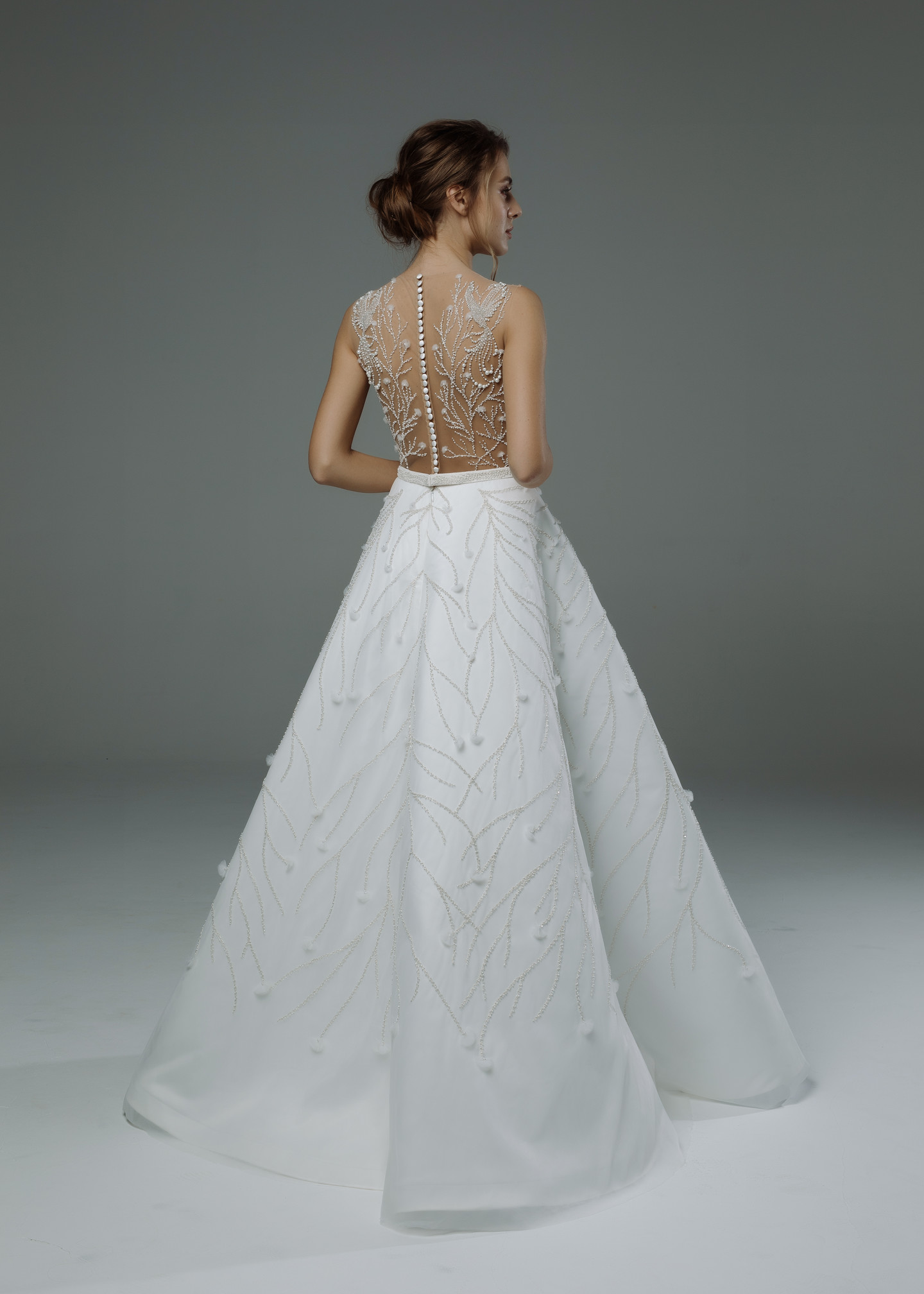 Avon gown, 2019, couture, dress, bridal, off-white, satin, embroidery, A-line, archive