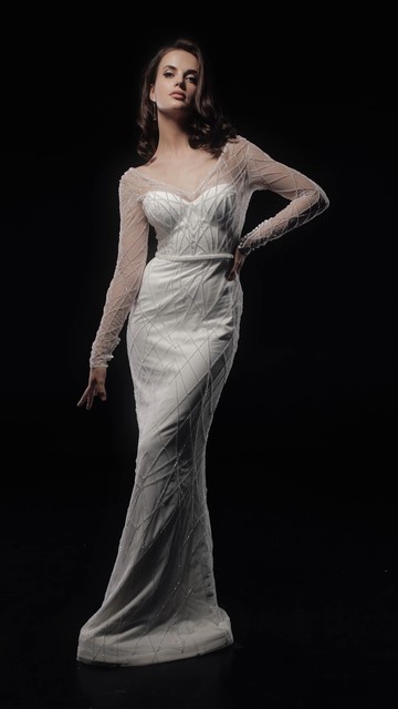 Celeste gown, 2019, couture, dress, bridal, off-white, embroidery, sleeves, sheath silhouette, popular