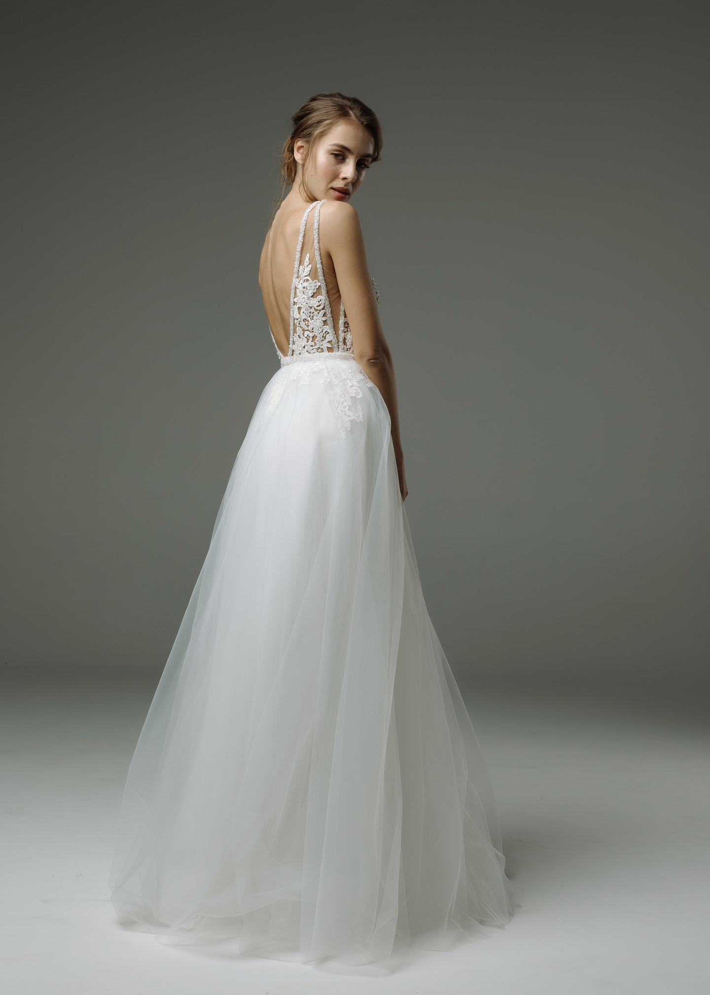 Sylvian gown, 2019, couture, dress, bridal, off-white, lace, A-line, tulle, popular