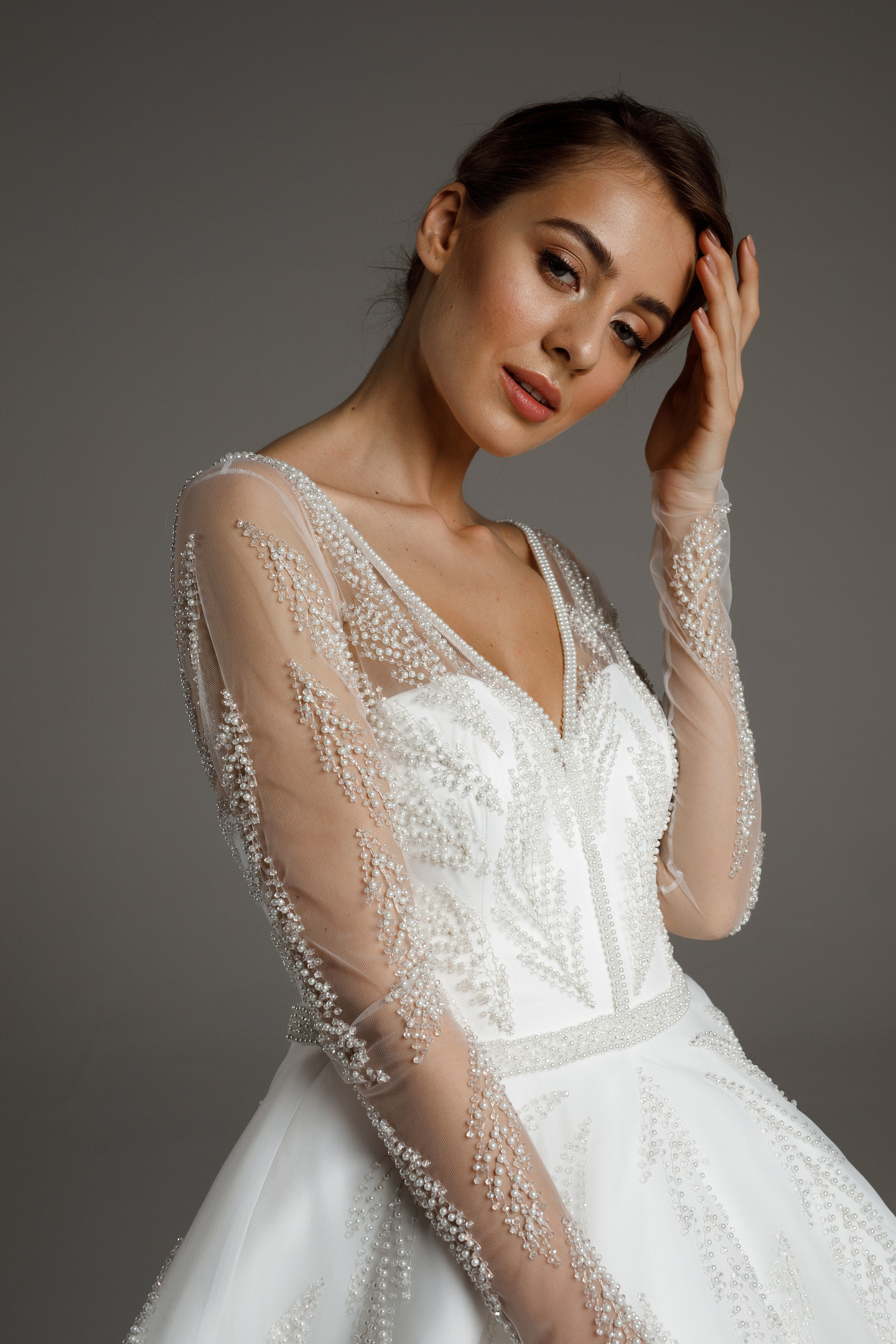 Juliana gown, 2020, couture, dress, bridal, off-white, satin, embroidery, sleeves, A-line, archive