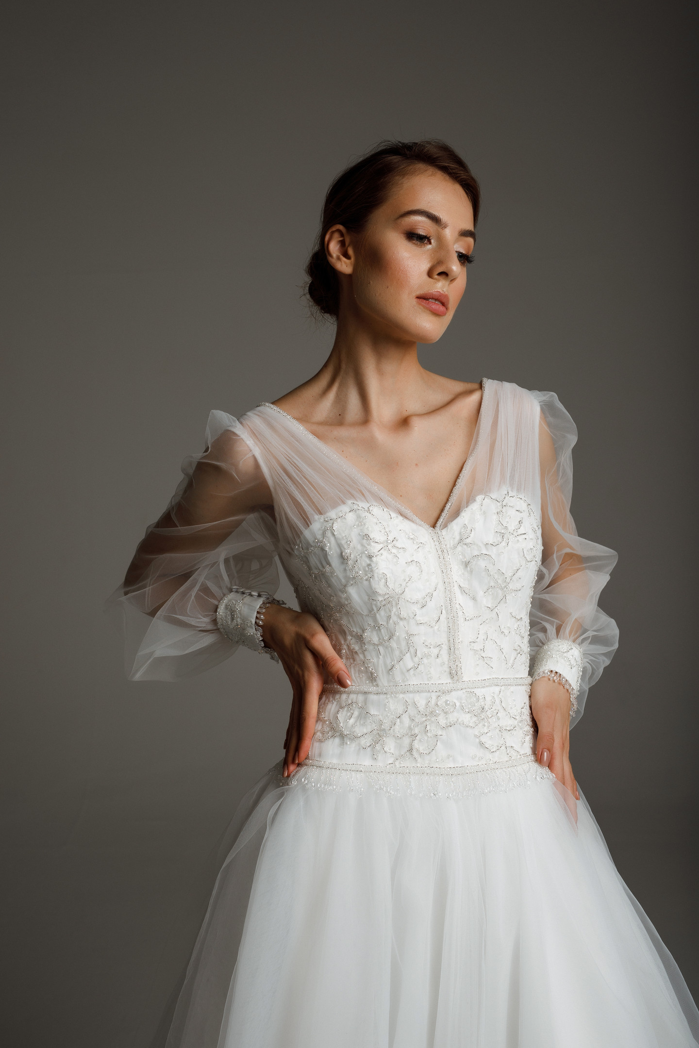 Naomi gown, 2020, couture, dress, bridal, off-white, lace, embroidery, sleeves, A-line, tulle, archive