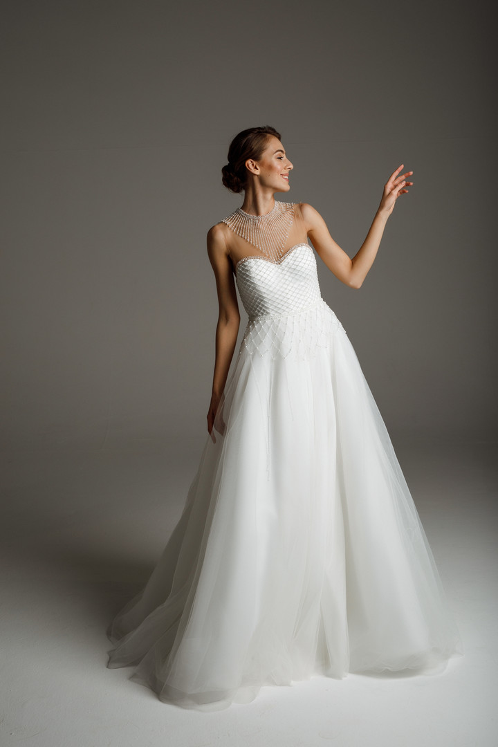 Платье Эльвира, 2020, одежда, платье, свадебное, молочно-белый, сетка, вышивка, А-силуэт, архив