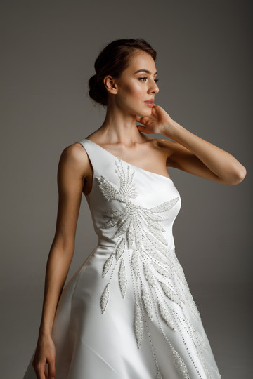Blanche gown, 2020, couture, dress, bridal, off-white, satin, embroidery, A-line, popular, archive