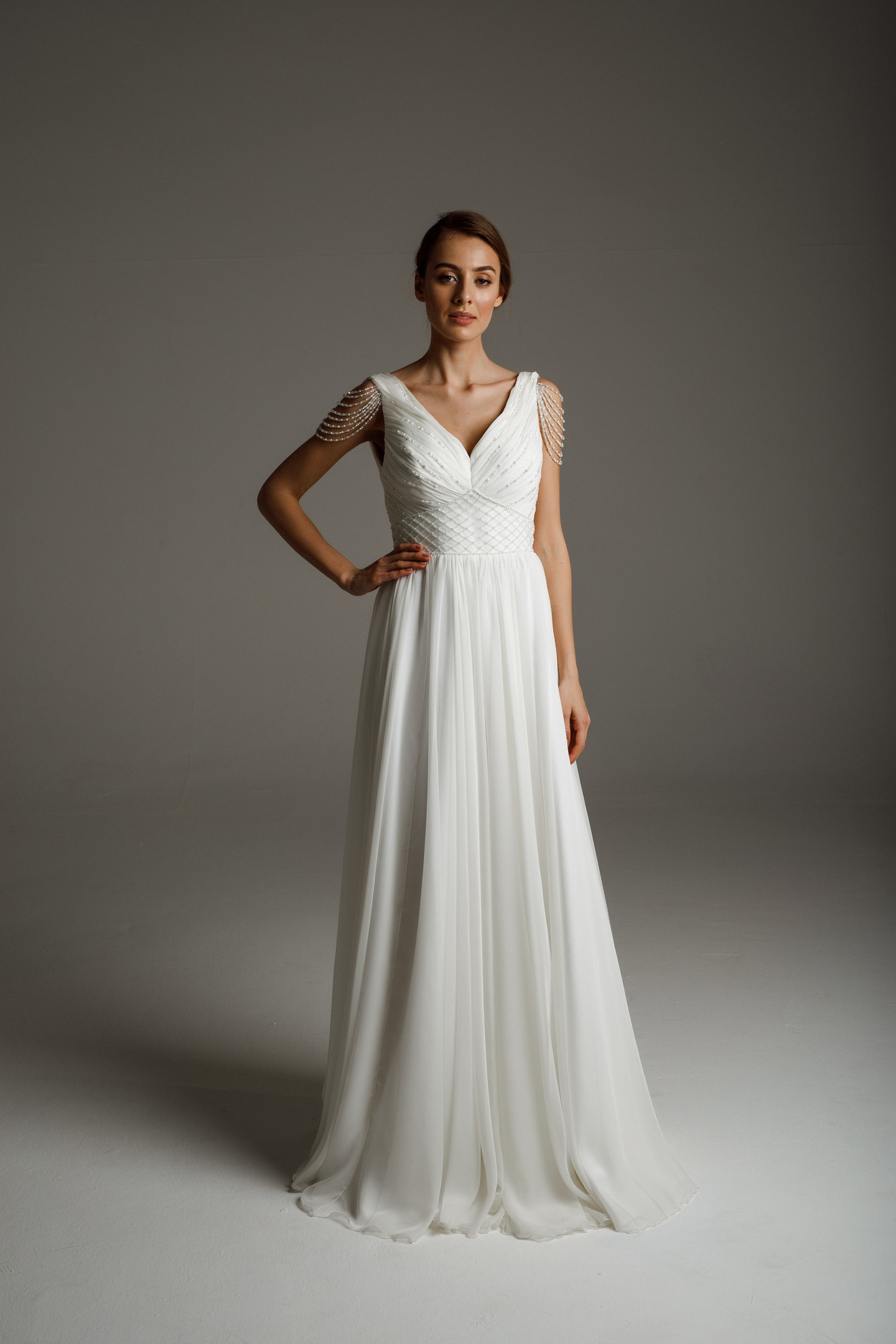Olivia gown, 2020, couture, dress, bridal, off-white, chiffon, embroidery, A-line