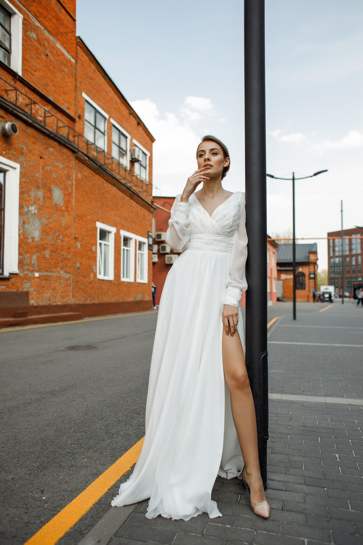 Платье Фабиан, 2020, одежда, платье, свадебное, молочно-белый, шифон, вышивка, рукава, А-силуэт, популярное