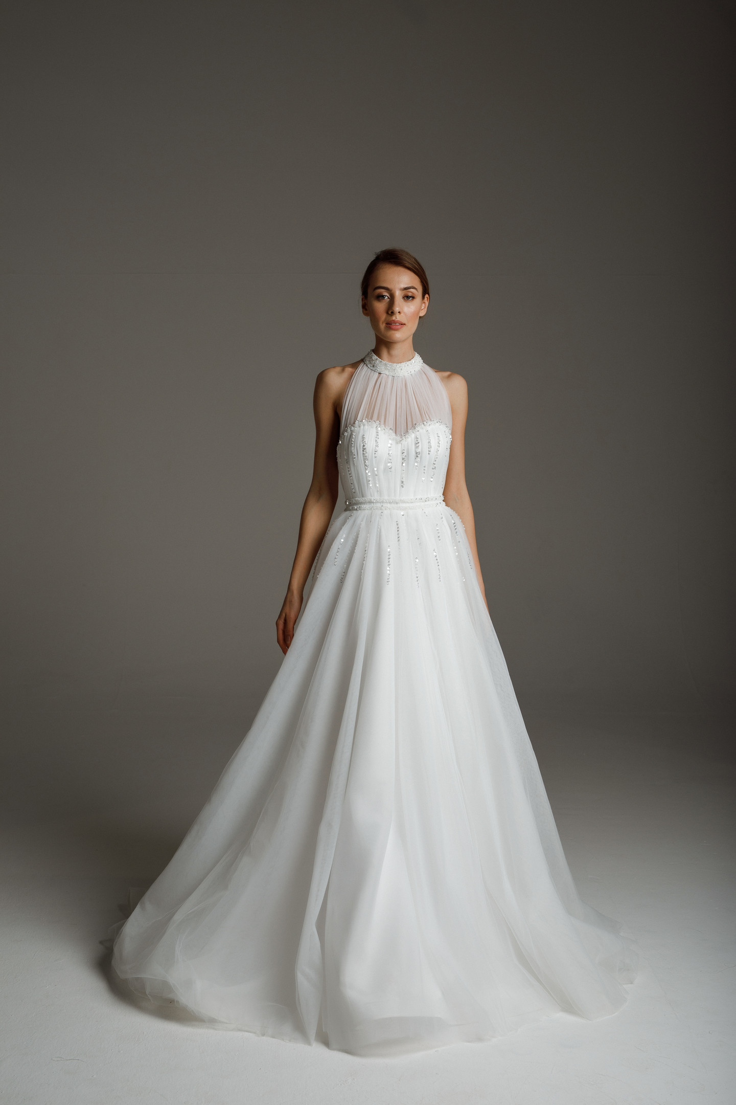 Louise gown, 2020, couture, dress, bridal, off-white, tulle, embroidery, A-line, satin