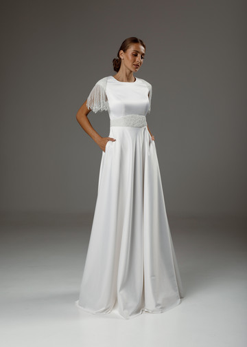 Платье Камила, 2020, одежда, платье, свадебное, молочно-белый, атлас, вышивка, А-силуэт, популярное