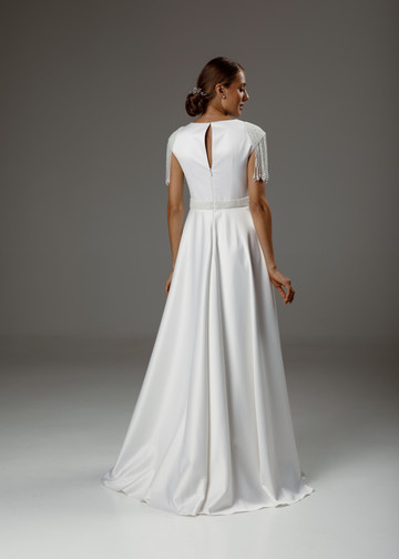 Camila gown, 2020, couture, dress, bridal, off-white, satin, embroidery, A-line, popular