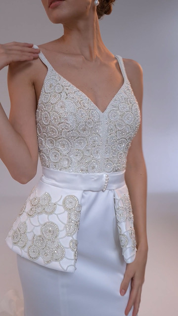 Платье Ребекка, 2021, одежда, платье, свадебное, молочно-белый, сетка, вышивка, русалка, шлейф, баска