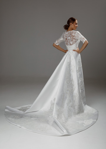 Isabelle gown, 2020, couture, dress, bridal, off-white, lace, detachable skirt, embroidery, sheath silhouette, sleeves, A-line, archive