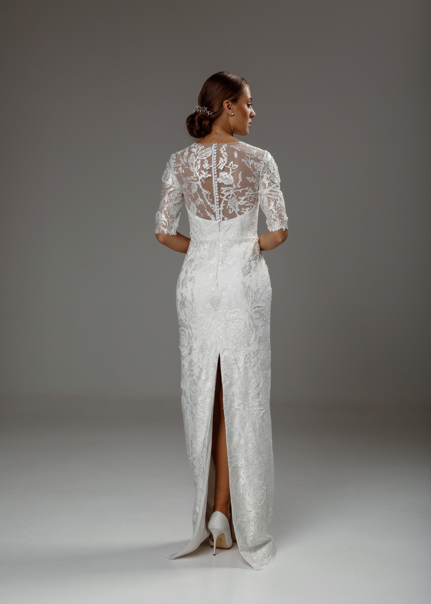 Isabelle gown, 2020, couture, dress, bridal, off-white, lace, detachable skirt, embroidery, sheath silhouette, sleeves, A-line, archive