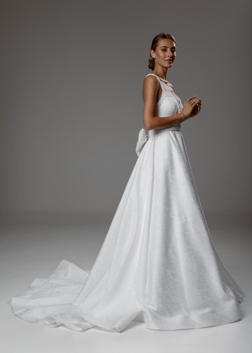 Monica gown, 2020, couture, dress, bridal, off-white, jacquard, embroidery, A-line, train