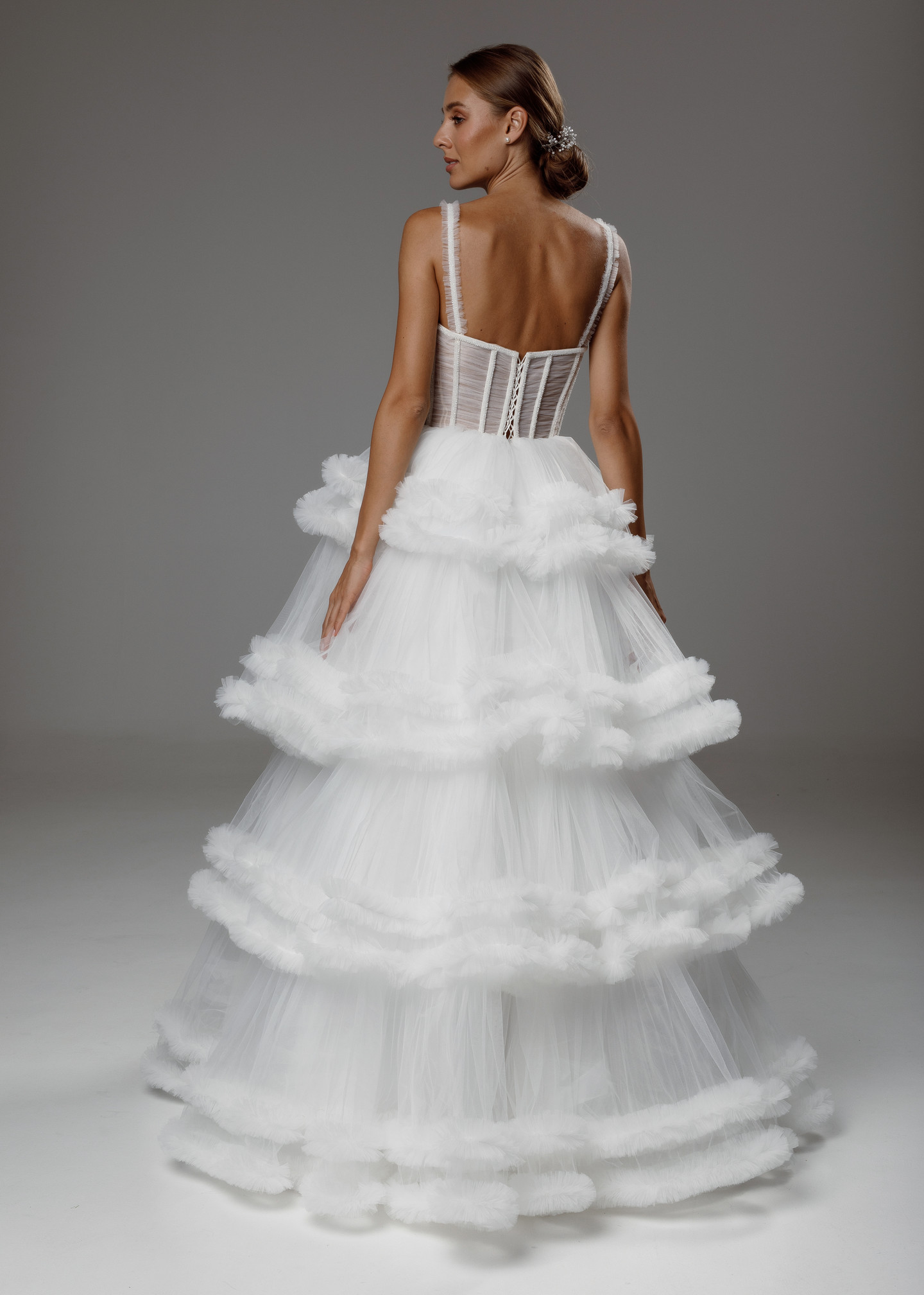Aurora gown, 2020, couture, dress, bridal, off-white, tulle, embroidery, A-line, lacing corset, archive
