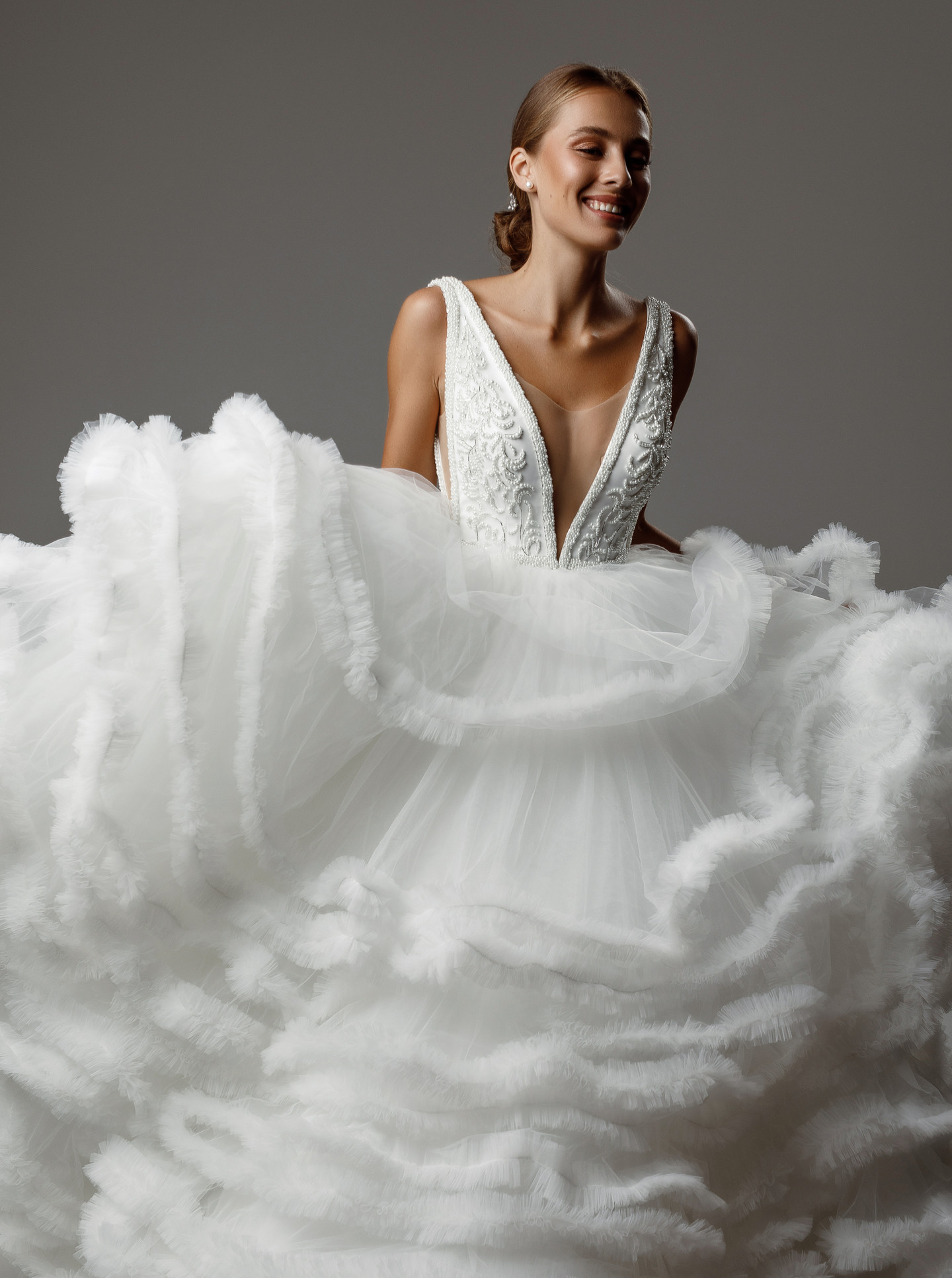 Amelie gown, 2020, couture, dress, bridal, off-white, tulle, embroidery, A-line, train, archive