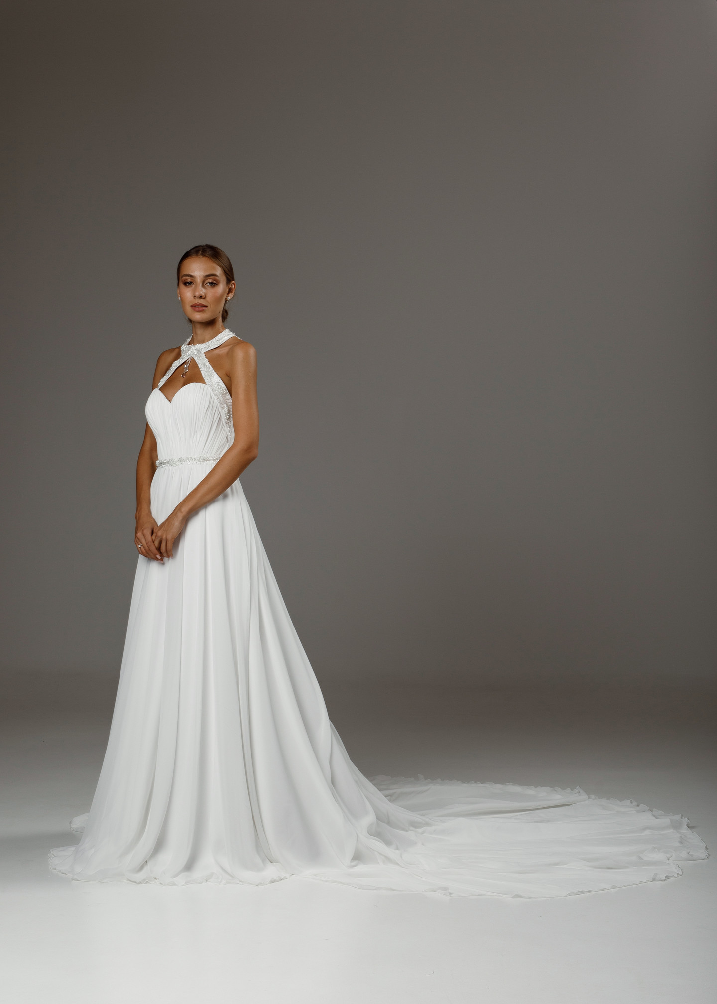 Emilia gown, 2020, couture, dress, bridal, off-white, chiffon, Emilia, embroidery, A-line, train, popular