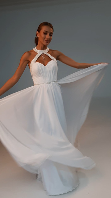 Emilia gown, 2020, couture, dress, bridal, off-white, chiffon, Emilia, embroidery, A-line, train, popular, archive