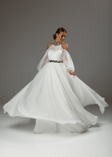 Платье Ариана, 2020, одежда, платье, свадебное, молочно-белый, шифон, вышивка, А-силуэт, рукава