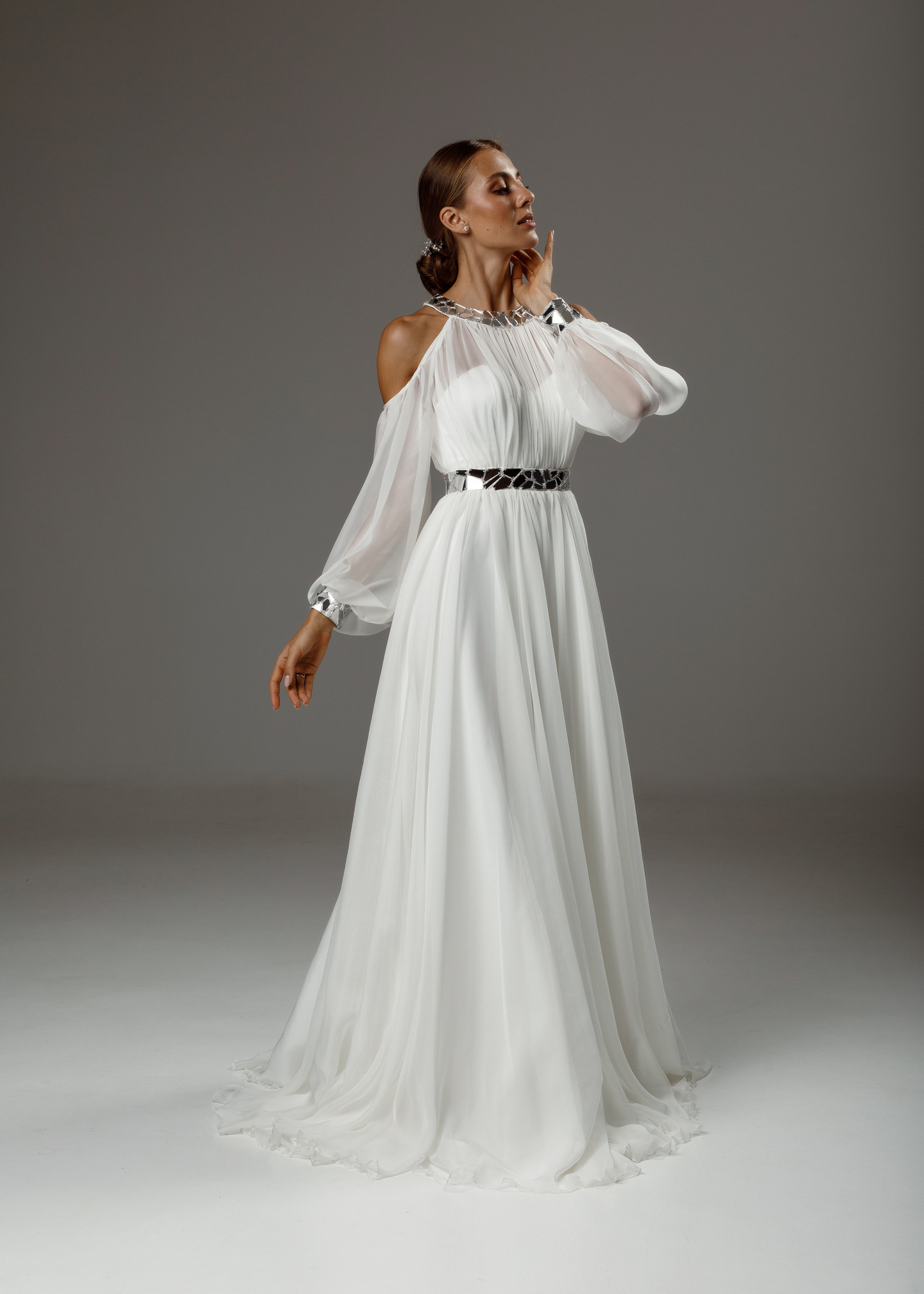Ariana gown, 2020, couture, dress, bridal, off-white, chiffon, embroidery, A-line, sleeves