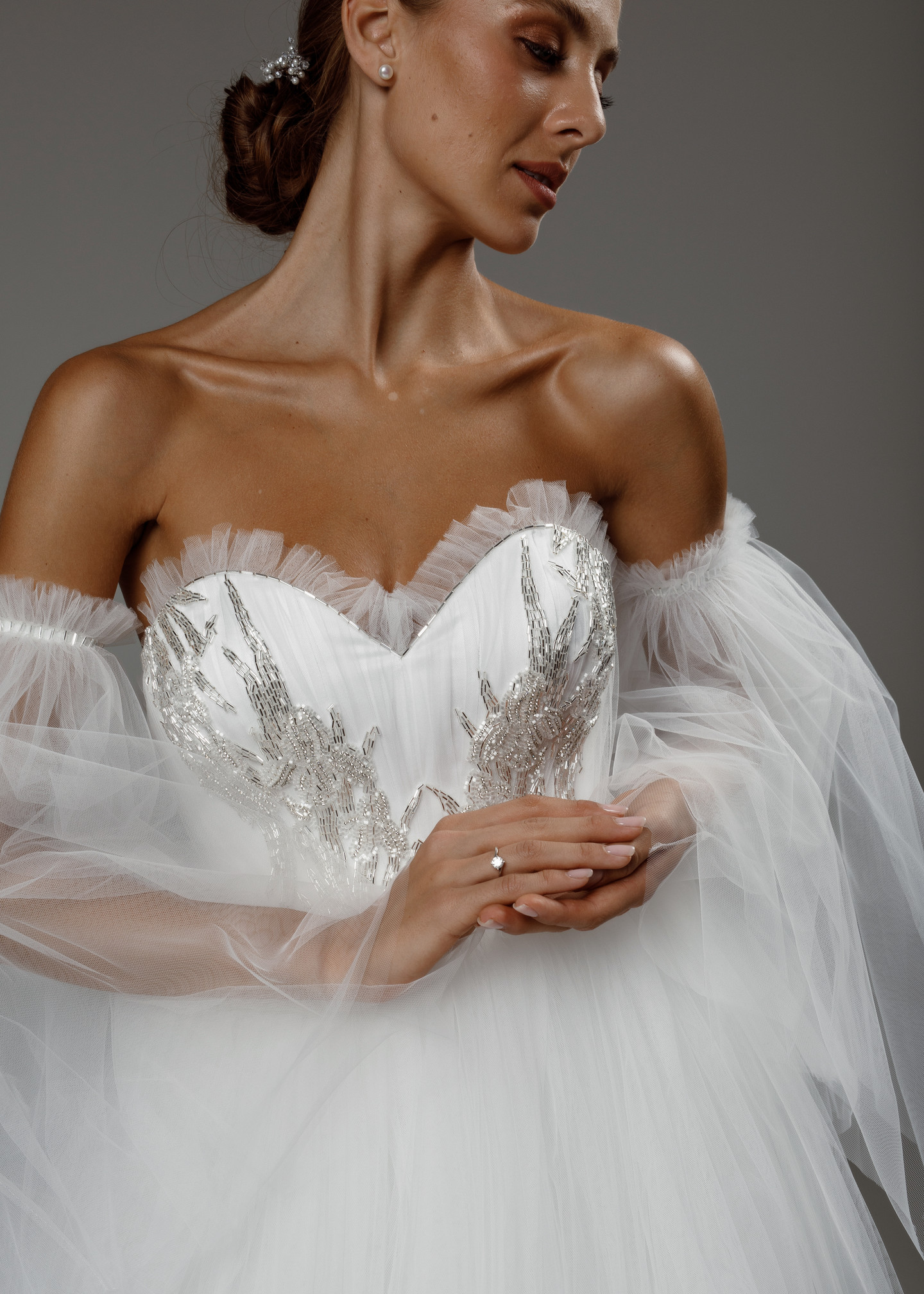 Melody gown, 2020, couture, dress, bridal, off-white, tulle, embroidery, A-line, train, sleeves, archive