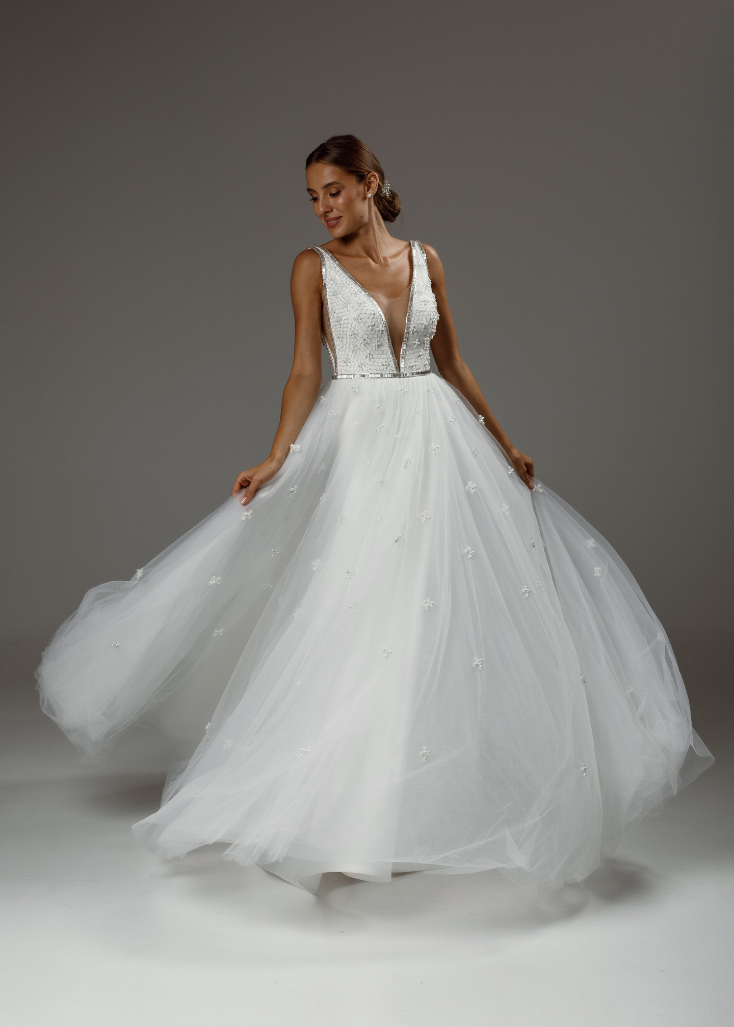 Stephanie gown, 2020, couture, dress, bridal, off-white, tulle, embroidery, A-line