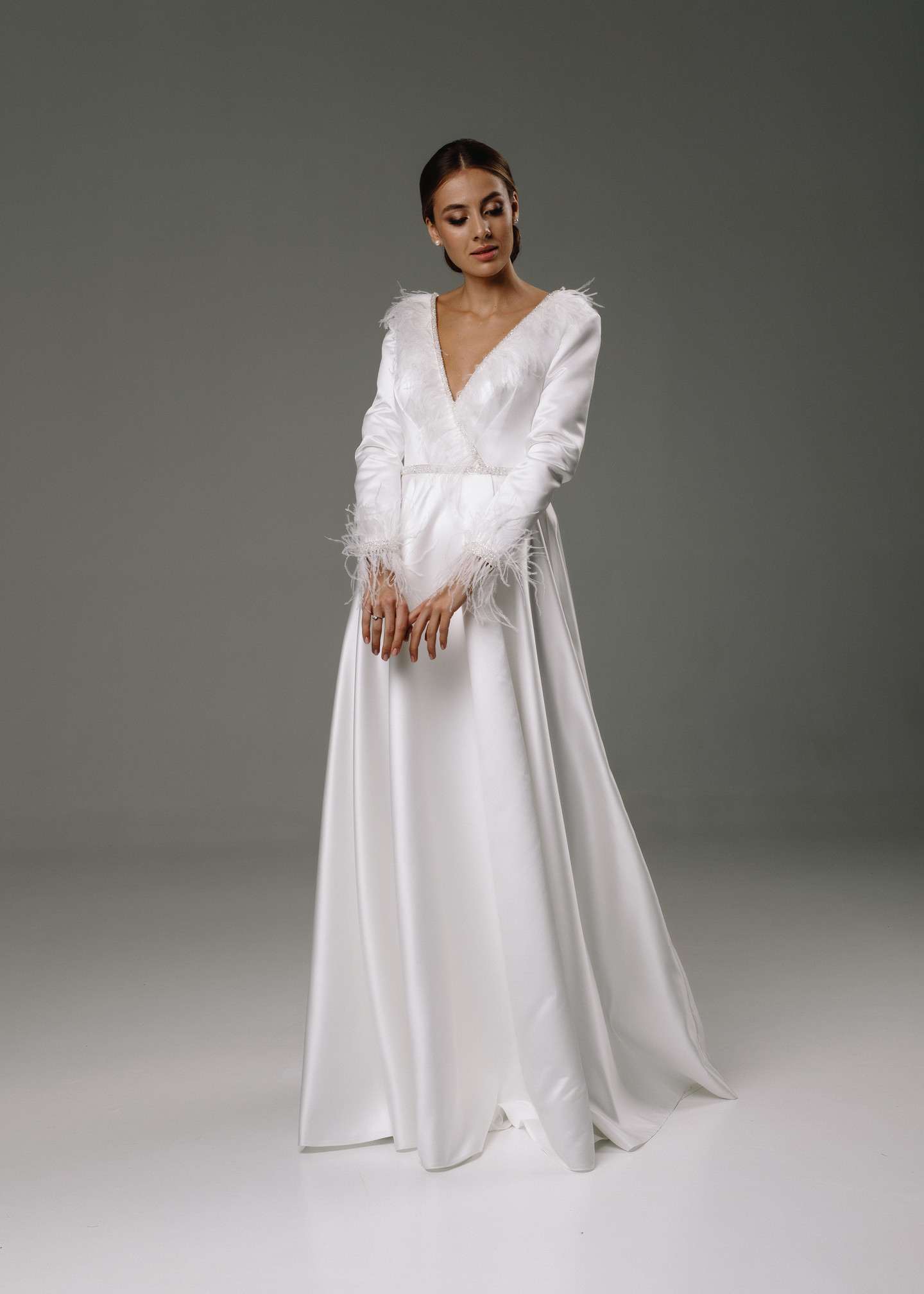 Anisya gown, 2020, couture, dress, bridal, off-white, satin, embroidery, A-line, sleeves, archive