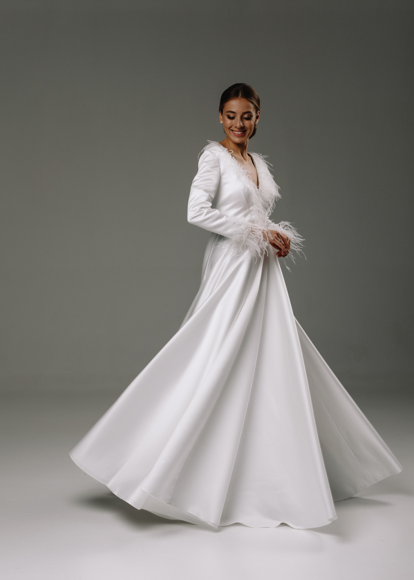 Anisya gown, 2020, couture, dress, bridal, off-white, satin, embroidery, A-line, sleeves, discount, sale
