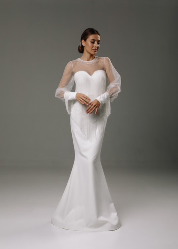 Riana gown, 2020, couture, dress, bridal, off-white, embroidery, mermaid, sleeves, popular